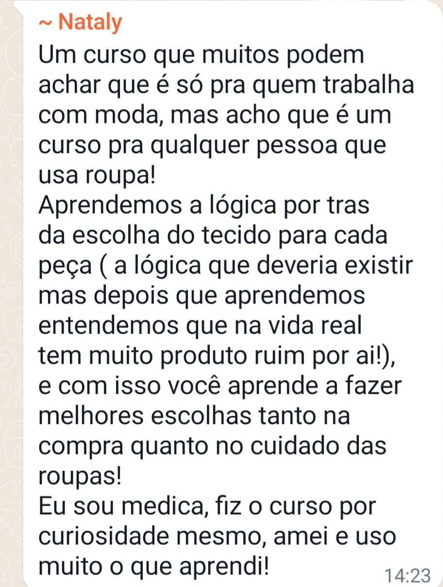 Depoimento de Nataly sobre a Oficina de Tecidos