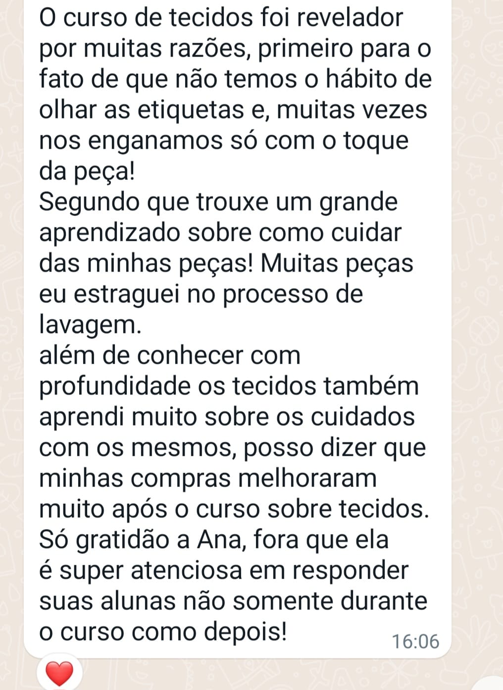 Depoimento de aluna sobre a Oficina de Tecidos