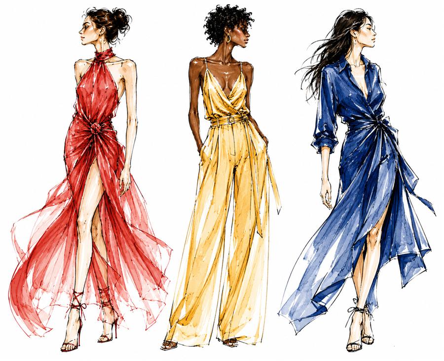 Ilustrações de três vestidos — vermelho, dourado e azul — com a mesma modelagem em tecidos diferentes.
