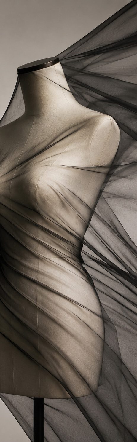 Manequim de meio busto envolto em tule preto transparente, mostrando o encontro entre corpo, forma e matéria.
