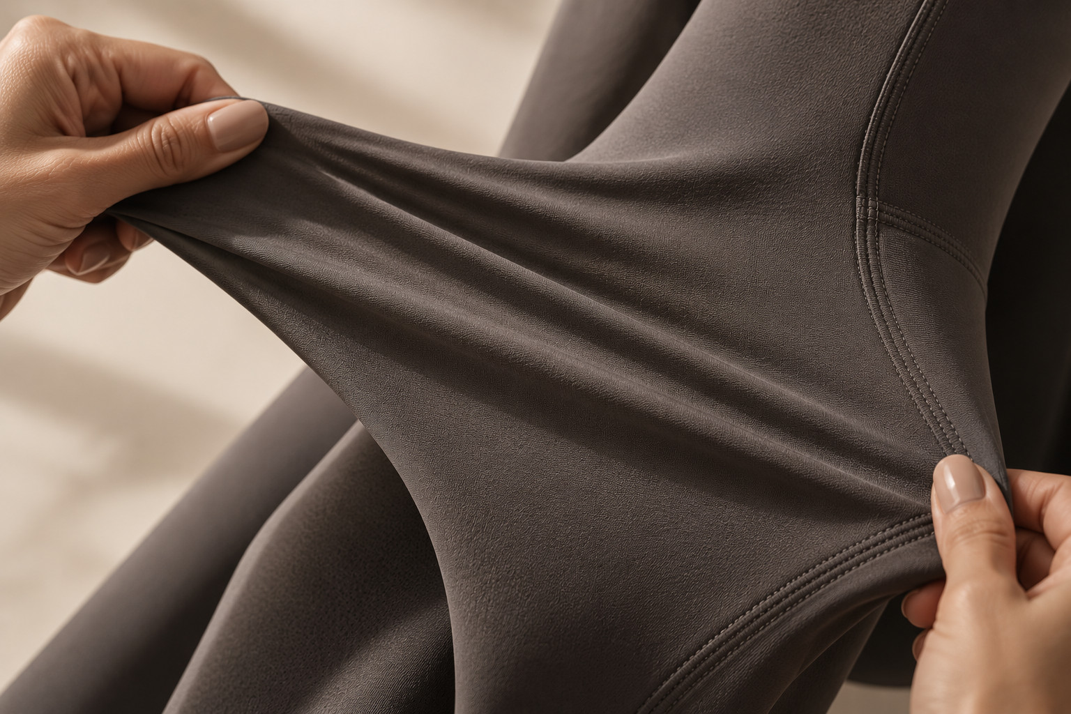 Mãos esticando o tecido de uma legging para testar elasticidade