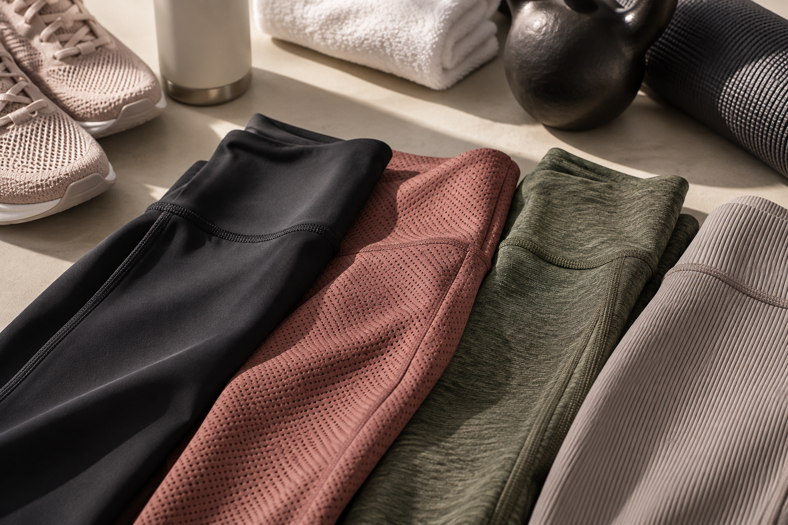 Leggings de diferentes cores e tecidos dobradas ao lado de tênis, garrafa, toalha e acessórios de treino