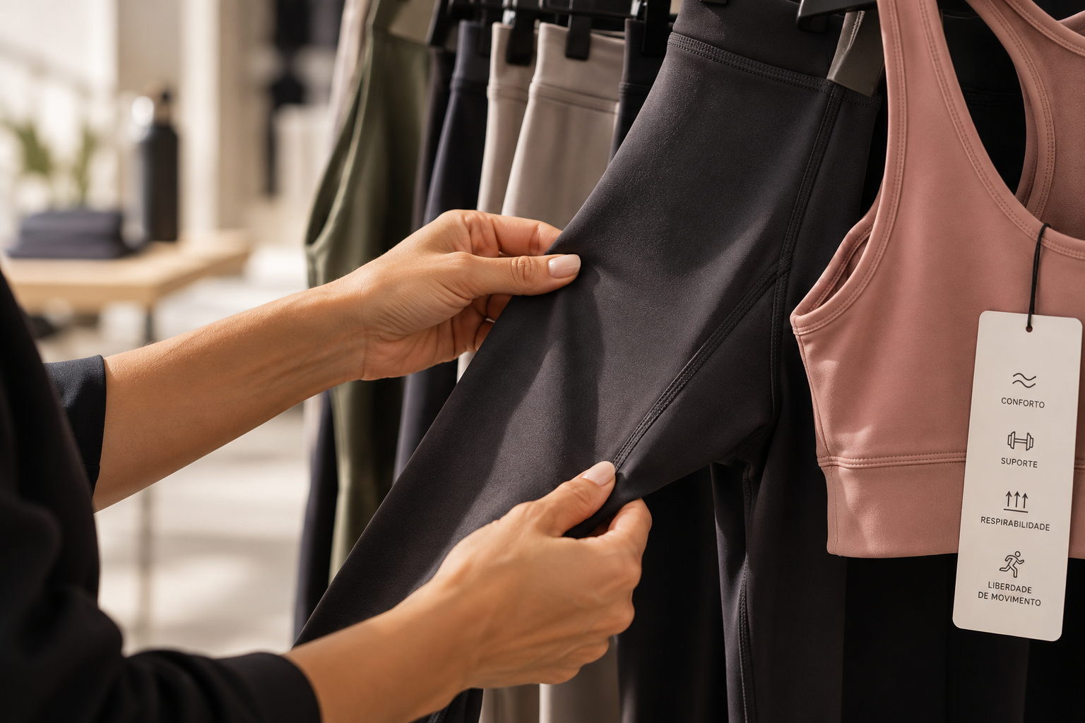 Mãos conferindo o tecido de uma legging em um cabideiro, ao lado de etiqueta com ícones de conforto, suporte, respirabilidade e liberdade de movimento